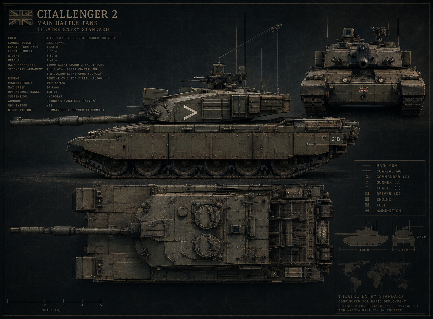 Challenger 2 TES shown as a heavily armoured late dreadnought-on-tracks baseline before the drone-era tank changes shape.