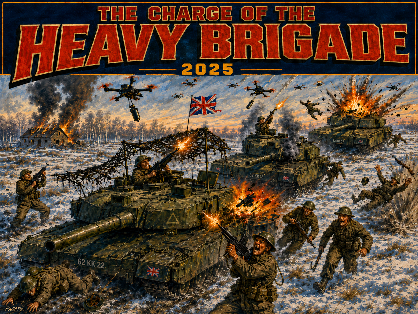 Painted cover illustration in the style of a 1970s British boys' war-comic annual. Title across the top in bold red slab-serif: 'THE CHARGE OF THE HEAVY BRIGADE — 2025.' Three Challenger 2 main battle tanks on a snowy plain, the lead tank flying a Union Jack pennant, being overwhelmed by a swarm of FPV drones dropping munitions from above. British infantry in WW2 battledress and Brodie helmets are scattered around the tanks — one firing upward with a Bren gun, one diving for cover, others running and shouting. Burning village in the background, cold winter sky, painted in saturated gouache-and-acrylic style with brushwork visible in the smoke.