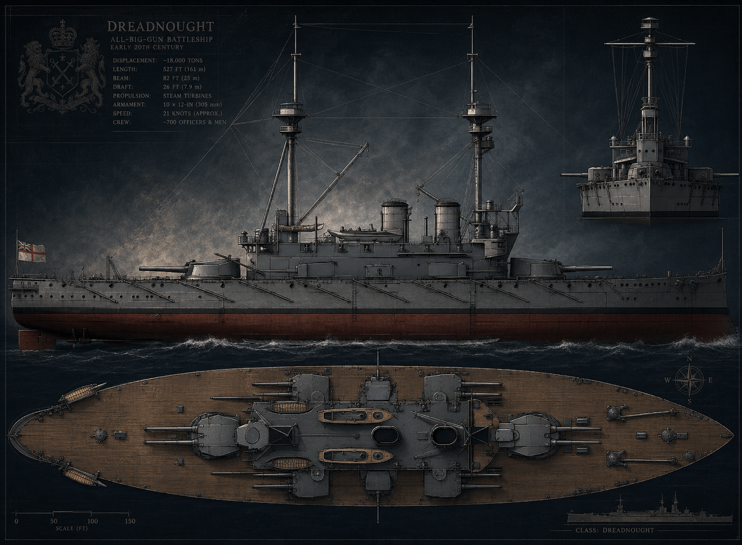 HMS Dreadnought underway in profile, showing the all-big-gun battleship form that made earlier capital ships obsolete.